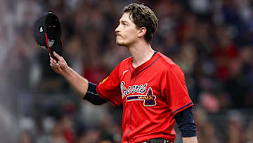 Sep 27, 2024; Atlanta, Georgia, USA; Atlanta Braves starting pitcher Max Fried (54) tips his hat to the crowd after being removed from a game against the Kansas City Royals in the ninth inning at Truist Park. Mandatory Credit: Brett Davis-Imagn Images