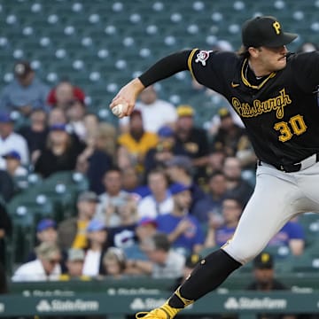 Pittsburgh Pirates pitcher Paul Skenes (30) throws the ball against the Chicago Cubs during the first inning at Wrigley Field. 