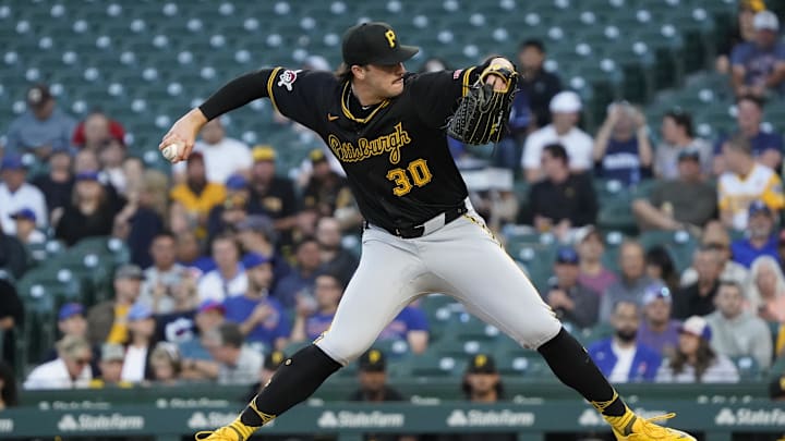 Pittsburgh Pirates pitcher Paul Skenes (30) throws the ball against the Chicago Cubs during the first inning at Wrigley Field. 