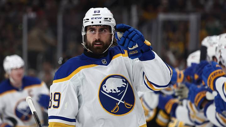 May 1, 2026; Boston, Massachusetts, USA; Buffalo Sabres right wing Alex Tuch (89) points to his goaltender after being congratulated at the bench after scoring against the Boston Bruins during the first period of game six of the first round of the 2026 Stanley Cup Playoffs at TD Garden. Mandatory Credit: Winslow Townson-Imagn Images