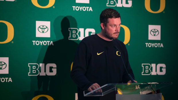 Oregon head coach Dan Lanning speaks during Oregon football’s media day Monday, July 29, 2024 at Autzen Stadium in Eugene, OR