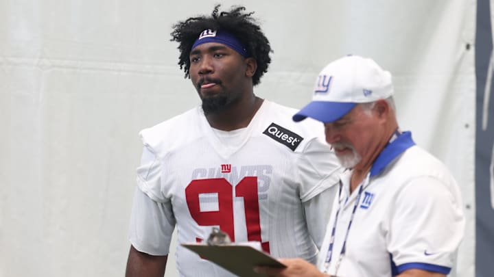 Jul 23, 2025; East Rutherford, NJ, USA; New York Giants defensive tackle Darius Alexander (91) during training camp at Quest Diagnostics Training Center. Mandatory Credit: Vincent Carchietta-Imagn Images