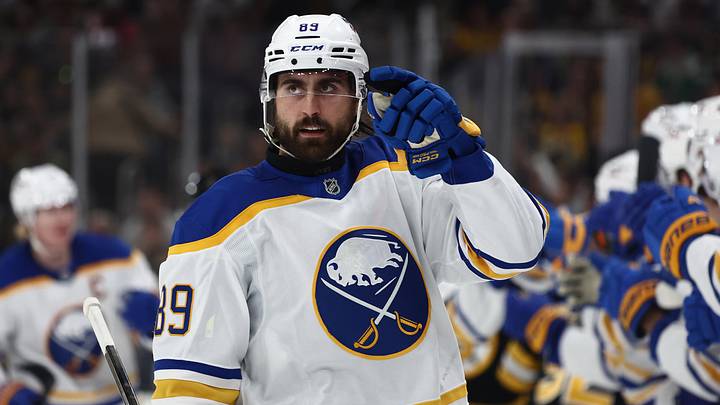 May 1, 2026; Boston, Massachusetts, USA; Buffalo Sabres right wing Alex Tuch (89) points to his goaltender after being congratulated at the bench after scoring against the Boston Bruins during the first period of game six of the first round of the 2026 Stanley Cup Playoffs at TD Garden. May 1, 2026; Boston, Massachusetts, USA; Buffalo Sabres right wing Alex Tuch (89) points to his goaltender after being congratulated at the bench after scoring against the Boston Bruins during the first period of game six of the first round of the 2026 Stanley Cup Playoffs at TD Garden.