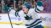 Oct 26, 2025; Saint Paul, Minnesota, USA; San Jose Sharks center Macklin Celebrini (71) celebrates his game winning overtime goal against the Minnesota Wild at Grand Casino Arena. Mandatory Credit: Matt Krohn-Imagn Images