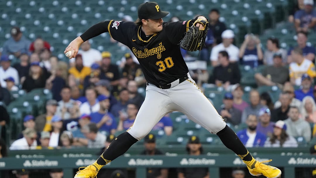 Sep 3, 2024; Chicago, Illinois, USA; Pittsburgh Pirates pitcher Paul Skenes (30) throws the ball against the Chicago Cubs during the first inning at Wrigley Field. Mandatory Credit: David Banks-Imagn Images