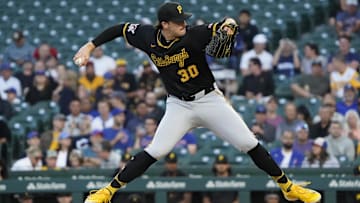 Sep 3, 2024; Chicago, Illinois, USA; Pittsburgh Pirates pitcher Paul Skenes (30) throws the ball against the Chicago Cubs during the first inning at Wrigley Field. Mandatory Credit: David Banks-Imagn Images