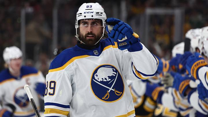 May 1, 2026; Boston, Massachusetts, USA; Buffalo Sabres right wing Alex Tuch (89) points to his goaltender after being congratulated at the bench after scoring against the Boston Bruins during the first period of game six of the first round of the 2026 Stanley Cup Playoffs at TD Garden. 