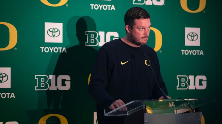 Oregon head coach Dan Lanning speaks during Oregon football’s media day Monday, July 29, 2024 at Autzen Stadium in Eugene, Ore.