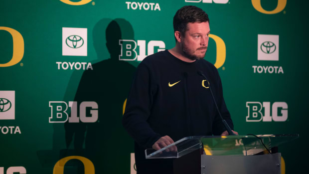 Oregon head coach Dan Lanning speaks during Oregon football’s media day Monday, July 29, 2024 at Autzen Stadium in Eugene, Or