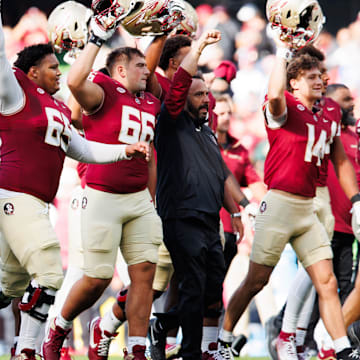 Aug 24, 2024; Dublin, IRL; Florida State University players ahead of the game against Georgia Tech at Aviva Stadium. Mandatory Credit: Tom Maher/INPHO via Imagn Images