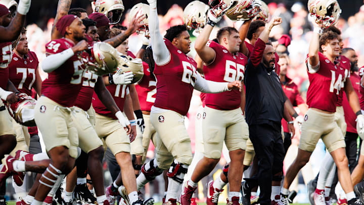 Aug 24, 2024; Dublin, IRL; Florida State University players ahead of the game against Georgia Tech at Aviva Stadium. Mandatory Credit: Tom Maher/INPHO via Imagn Images