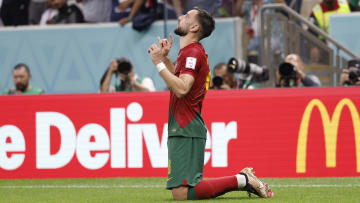 Nov 28, 2022; Lusail, Qatar; Portugal midfielder Bruno Fernandes (8) celebrates his penalty kick goal scored against Uruguay during the second half of the group stage match in the 2022 World Cup at Lusail Stadium. Mandatory Credit: Yukihito Taguchi-USA TODAY Sports
