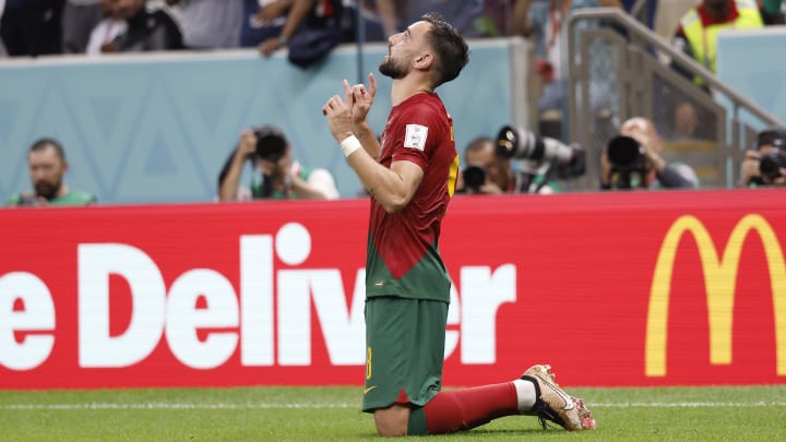 Nov 28, 2022; Lusail, Qatar; Portugal midfielder Bruno Fernandes (8) celebrates his penalty kick goal scored against Uruguay during the second half of the group stage match in the 2022 World Cup at Lusail Stadium. Mandatory Credit: Yukihito Taguchi-USA TODAY Sports
