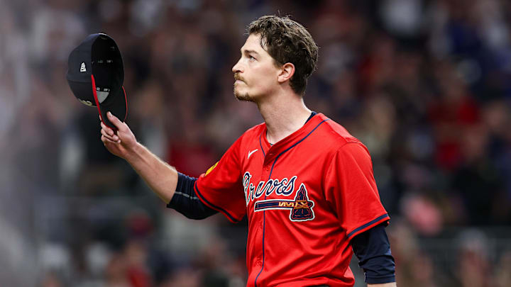 Sep 27, 2024; Atlanta, Georgia, USA; Atlanta Braves starting pitcher Max Fried (54) tips his hat to the crowd after being removed from a game against the Kansas City Royals in the ninth inning at Truist Park. Sep 27, 2024; Atlanta, Georgia, USA; Atlanta Braves starting pitcher Max Fried (54) tips his hat to the crowd after being removed from a game against the Kansas City Royals in the ninth inning at Truist Park.