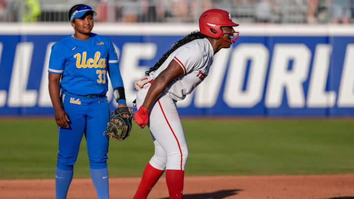 Texas Tech starting pitcher NiJaree Canady (24) celebrates from second base in the fifth inning during a softball game between Texas Tech and UCLA at the Women’s College World Series at Devon Park in Oklahoma City, on Saturday, May 31, 2025.