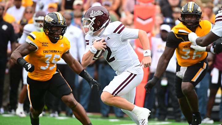 Mississippi State Bulldogs quarterback Blake Shapen (2) runs the ball against the Southern Miss Golden Eagles during the first quarter at M.M. Roberts Stadium in Hattiesburg, Miss., on Aug. 30, 2025.