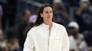 Aug 31, 2025; San Francisco, California, USA; Indiana Fever guard Caitlin Clark (22) before the game against the Golden State Valkyries at Chase Center. Mandatory Credit: Darren Yamashita-Imagn Images