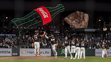 May 13, 2025; San Francisco, California, USA; A general view of the ballpark as San Francisco Giants players celebrate their win over the Arizona Diamondbacks at Oracle Park.