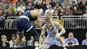 Former Ohio State wrestler Rocco Welsh competes against Penn State's Carter Starocci in the 174-pound final at the 2024 NCAA Wrestling Championships. 