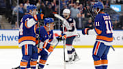 Mar 24, 2025; Elmont, New York, USA; New York Islanders left wing Anders Lee (27) celebrates his goal against the Columbus Blue Jackets with center Jean-Gabriel Pageau (44) and left wing Anthony Duclair (11) during the second period at UBS Arena. Mandatory Credit: Brad Penner-Imagn Images