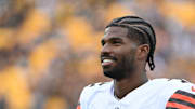 Oct 12, 2025; Pittsburgh, Pennsylvania, USA; Cleveland Browns quarterback Shedeur Sanders (12) watches the action against the Pittsburgh Steelers during the fourth quarter at Acrisure Stadium. Mandatory Credit: Barry Reeger-Imagn Images