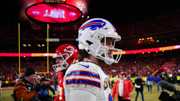 Jan 26, 2025; Kansas City, MO, USA; Buffalo Bills quarterback Josh Allen (17) reacts after the AFC Championship game against the Kansas City Chiefs at GEHA Field at Arrowhead Stadium. Mandatory Credit: Denny Medley-Imagn Images