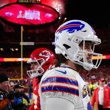 Jan 26, 2025; Kansas City, MO, USA; Buffalo Bills quarterback Josh Allen (17) reacts after the AFC Championship game against the Kansas City Chiefs