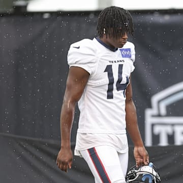 Jul 27, 2024; Houston, TX, USA; Houston Texans cornerback Kamari Lassiter (14) during training camp at Houston Methodist Training Center. Mandatory Credit: Troy Taormina-USA TODAY Sports