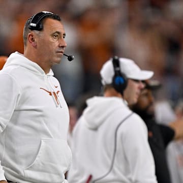 Jan 10, 2025; Arlington, TX, USA; Texas Longhorns head coach Steve Sarkisian during the game between the Texas Longhorns and the Ohio State Buckeyes at AT&T Stadium. Mandatory Credit: Jerome Miron-Imagn Images