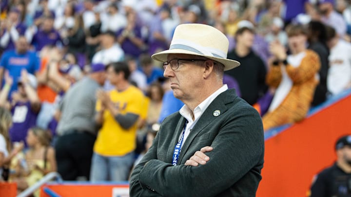 Nov 16, 2024; Gainesville, Florida, USA; SEC commissioner Greg Sankey looks on during the game between the Florida Gators and LSU Tigers during the first half at Ben Hill Griffin Stadium. Mandatory Credit: Matt Pendleton-Imagn Images