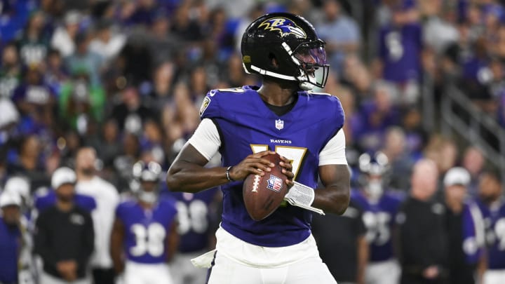 Aug 9, 2024; Baltimore, Maryland, USA;  Baltimore Ravens quarterback Josh Johnson (17) looks to pass during the second quarter of a preseason game against the Philadelphia Eagles at M&T Bank Stadium. Mandatory Credit: Tommy Gilligan-USA TODAY Sports