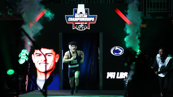 Penn State wrestler Beau Bartlett is announced for the 141-pound championship bout at the 2024 NCAA Wrestling Championships in Kansas City. 