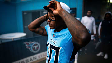 Tennessee Titans wide receiver DeAndre Hopkins (10) heads to the field before a game against the Green Bay Packers at Nissan Stadium in Nashville, Tenn., Sunday, Sept. 22, 2024.