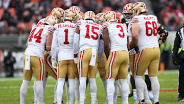 Nov 30, 2025; Cleveland, Ohio, USA;  The San Francisco 49ers huddle up after the break during the second half against the Cleveland Browns at Huntington Bank Field. Mandatory Credit: Scott Galvin-Imagn Images