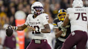 Nov 8, 2025; Columbia, Missouri, USA; Texas A&M Aggies quarterback Marcel Reed (10) throws a pass during the second half against the Missouri Tigers at Faurot Field at Memorial Stadium. Mandatory Credit: Jay Biggerstaff-Imagn Images