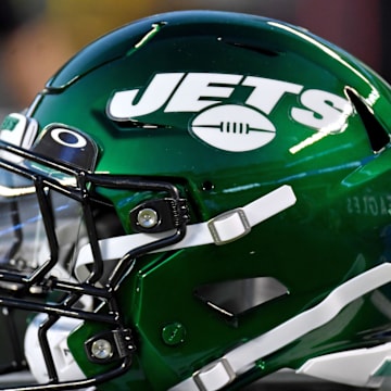 Aug 12, 2022; Philadelphia, Pennsylvania, USA; New York Jets helmet on the sidelines against the Philadelphia Eagles at Lincoln Financial Field. Mandatory Credit: Eric Hartline-Imagn Images