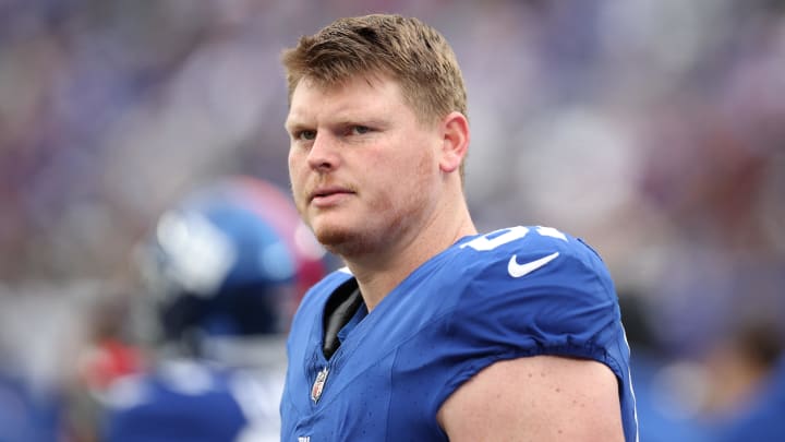 Dec 31, 2023; East Rutherford, New Jersey, USA; New York Giants center John Michael Schmitz Jr. (61) at MetLife Stadium.  