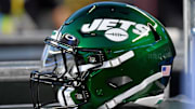 Aug 12, 2022; Philadelphia, Pennsylvania, USA; New York Jets helmet on the sidelines against the Philadelphia Eagles at Lincoln Financial Field. Mandatory Credit: Eric Hartline-Imagn Images