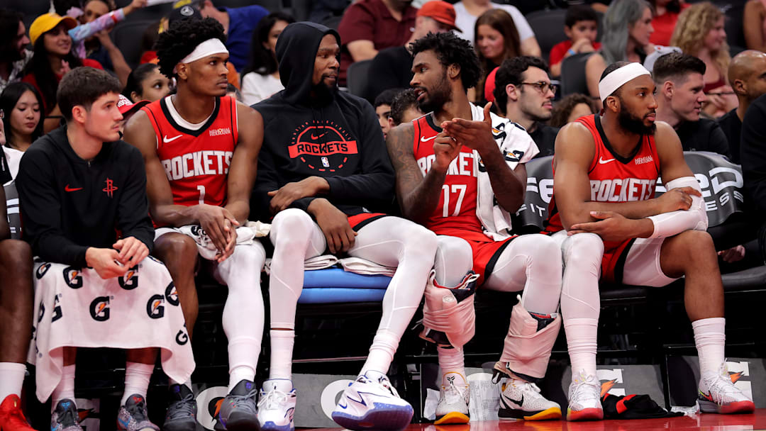Apr 3, 2026; Houston, Texas, USA; Houston Rockets players sit on the bench against the Utah Jazz during the fourth quarter at Toyota Center. Mandatory Credit: Erik Williams-Imagn Images