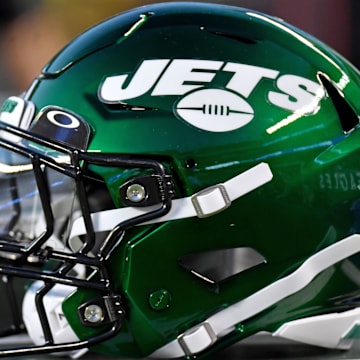 Aug 12, 2022; Philadelphia, Pennsylvania, USA; New York Jets helmet on the sidelines against the Philadelphia Eagles at Lincoln Financial Field. Mandatory Credit: Eric Hartline-Imagn Images
