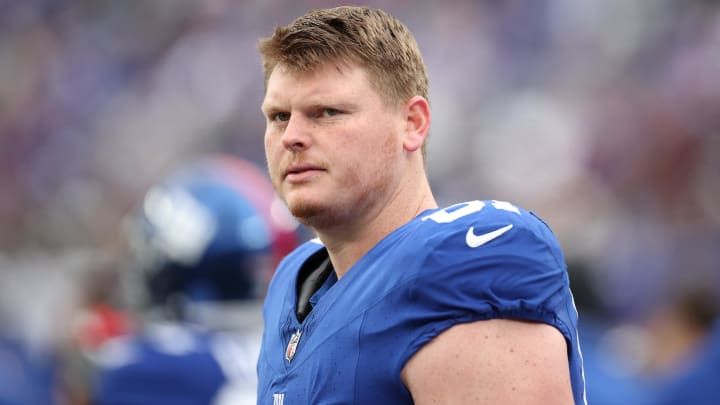 Dec 31, 2023; East Rutherford, New Jersey, USA; New York Giants center John Michael Schmitz Jr. (61) at MetLife Stadium.  