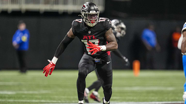 Aug 8, 2025; Atlanta, Georgia, USA; Atlanta Falcons linebacker Arnold Ebiketie (17) rushes the passer against the Detroit Lions during the first quarter at Mercedes-Benz Stadium. Mandatory Credit: Dale Zanine-Imagn Images