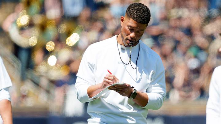 Notre Dame head coach Marcus Freeman during the Blue-Gold spring game at Notre Dame Stadium on Saturday, April 25, 2026, in South Bend.