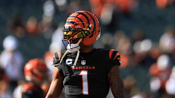 Oct 26, 2025; Cincinnati, Ohio, USA; Cincinnati Bengals wide receiver Ja'Marr Chase (1) warms up against the New York Jets at Paycor Stadium. Mandatory Credit: Katie Stratman-Imagn Images