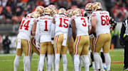 Nov 30, 2025; Cleveland, Ohio, USA;  The San Francisco 49ers huddle up after the break during the second half against the Cleveland Browns at Huntington Bank Field. Mandatory Credit: Scott Galvin-Imagn Images