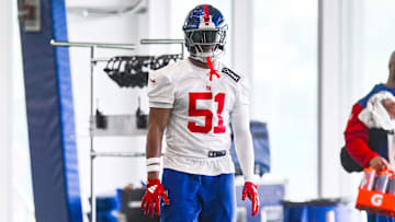 Jun 18, 2025; East Rutherford, NJ, USA; New York Giants linebacker Abdul Carter (51) looks on during minicamp at Quest Diagnostics Training Center. Mandatory Credit: John Jones-Imagn Images