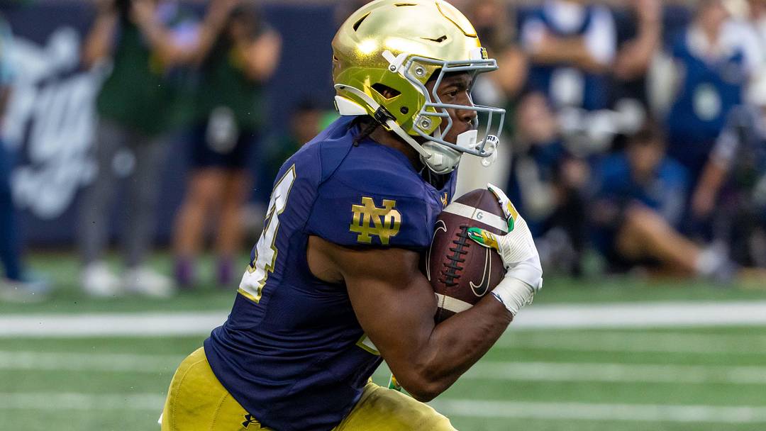 Notre Dame Fighting Irish running back Jadarian Price returns a kick during the second half at Notre Dame Stadium. Notre Dame Fighting Irish running back Jadarian Price returns a kick during the second half at Notre Dame Stadium.