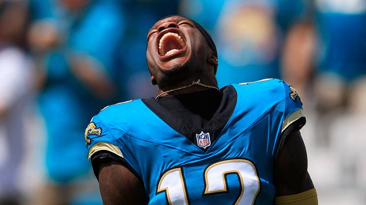 Jacksonville Jaguars wide receiver Travis Hunter (12) yells as his is introduced before an NFL football matchup at EverBank Stadium, Sunday, Sept. 21, 2025, in Jacksonville, Fla. The Jaguars defeated the Texans 17-10.