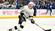 Oct 16, 2024; Toronto, Ontario, CAN;  Los Angeles Kings forward Tanner Jeannot (10) pursues the play against the Toronto Maple Leafs in the second period at Scotiabank Arena. Mandatory Credit: Dan Hamilton-Imagn Images