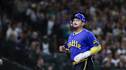 Sep 25, 2025; Seattle, Washington, USA; Seattle Mariners first baseman Josh Naylor (12) jogs to the dugout after scoring a run against the Colorado Rockies during the fourth inning at T-Mobile Park. Mandatory Credit: Joe Nicholson-Imagn Images